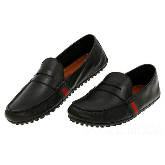 Gucci Black Leather Web Trim Slip On Moccasin Penny Loafers Black Men's Size 11 - Picture 1 of 7